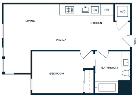 Floor plan for 1 bed, 1 bath, 654 sqft